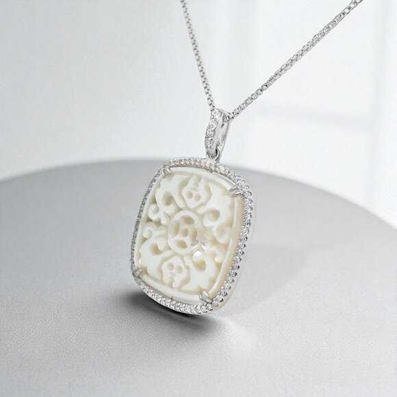 Carved Mother-of-Pearl and CZ Pendant in 925 Sterling Silver - Picture 2 of 3